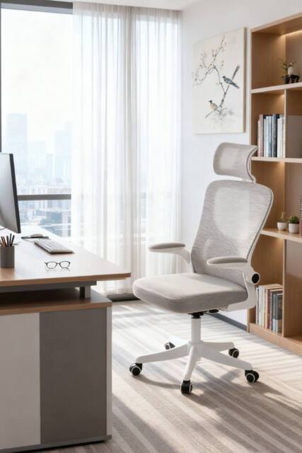 Living and Home Ergonomic Height-Adjustable Mesh Office Chair with Headrest and Flip-Up Armrests in White - image 1