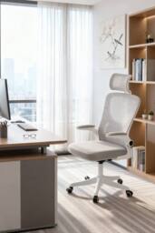 Living and Home Ergonomic Height-Adjustable Mesh Office Chair with Headrest and Flip-Up Armrests in White