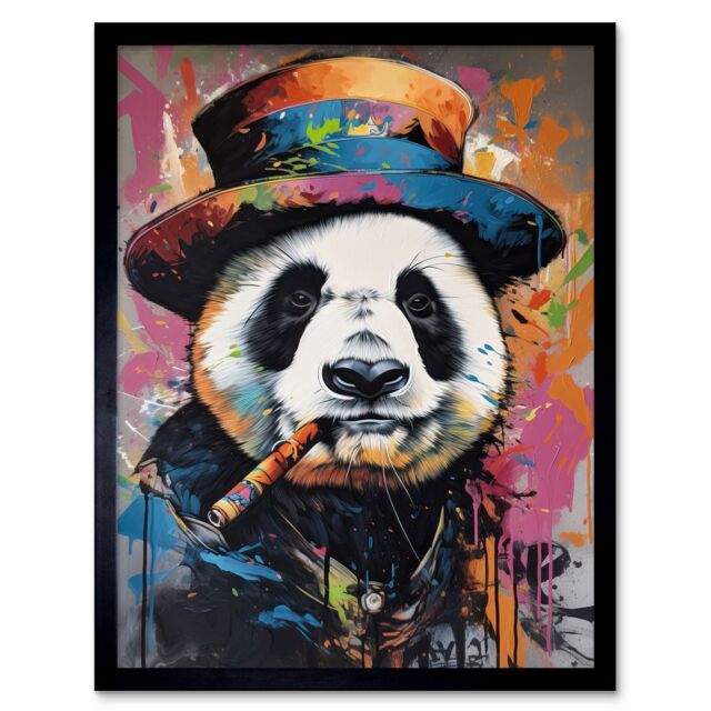 "Artery8 Wall Art Print Panda Bear with a Suit Low Top Hat & a Cigar Art Framed in Black - Size: W12"" x H16""" - image 1