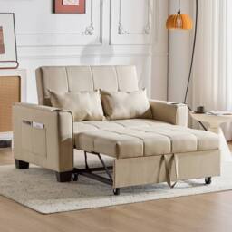 BTM Two seater sofa bed with cup holders & pull out design in Beige