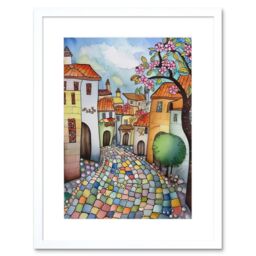 "Artery8 Wall Art Print Village Cobbled Street Cherry Blossom Folk Artwork Framed 9X7 Inch in White - Size: W7"" x H9""" - thumbnail 1