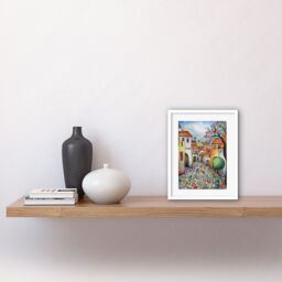"Artery8 Wall Art Print Village Cobbled Street Cherry Blossom Folk Artwork Framed 9X7 Inch in White - Size: W7"" x H9""" - thumbnail 2