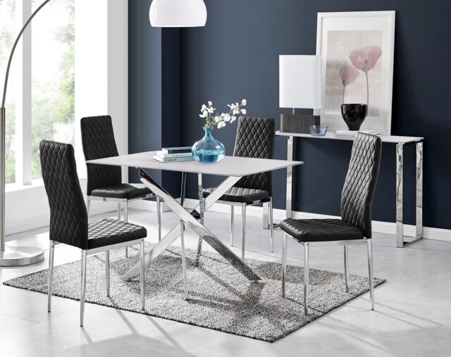FurnitureboxUK Leonardo White Glass Marble Effect Silver Leg Table & 4 Velvet Milan Silver Leg Chairs in Black - image 1