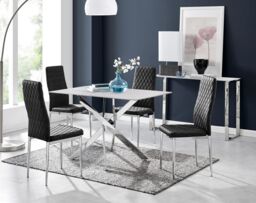 FurnitureboxUK Leonardo White Glass Marble Effect Silver Leg Table & 4 Velvet Milan Silver Leg Chairs in Black - thumbnail 1