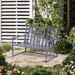 OUTSUNNY Steel Patio Garden Bench Loveseats for Outdoors Park Yard Slatted Design Grey - thumbnail 1