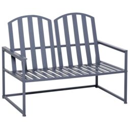 OUTSUNNY Steel Patio Garden Bench Loveseats for Outdoors Park Yard Slatted Design Grey - thumbnail 2