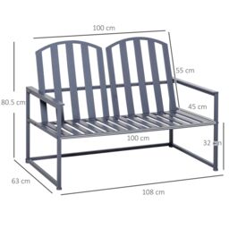 OUTSUNNY Steel Patio Garden Bench Loveseats for Outdoors Park Yard Slatted Design Grey - thumbnail 3