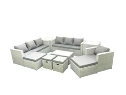 Fimous 10 Pieces Rattan Garden Furniture Set Outdoor Garden Sofa Chair Coffee Table Set with 2 Side Tables 4 Footstools Light Grey Mixed - thumbnail 1