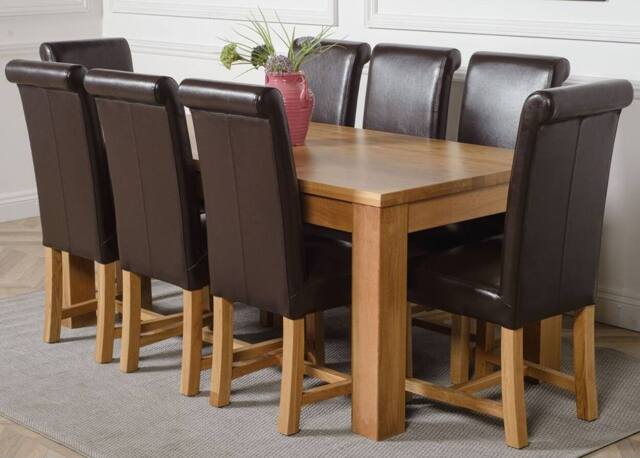 Thats Furniture Dakot 182 x 92cm Oak Large Dining Table & 8 Washington Leather Chairs in Brown - Size: 182 x 92 cm - image 1