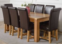 Thats Furniture Dakot 182 x 92cm Oak Large Dining Table & 8 Washington Leather Chairs in Brown - Size: 182 x 92 cm