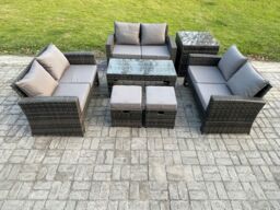 Fimous 7 PCS Outdoor Lounge Sofa Set Wicker PE Rattan Garden Furniture Set with Coffee Table Double Seater Sofa Side Table in Dark Grey - thumbnail 1
