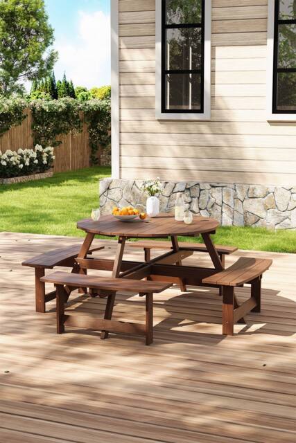 Living and Home 8-Person Round Wood Picnic Table and Bench Set in Brown - image 1