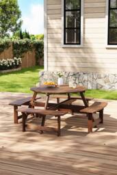 Living and Home 8-Person Round Wood Picnic Table and Bench Set in Brown - thumbnail 1