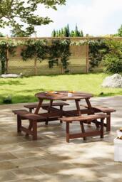Living and Home 8-Person Round Wood Picnic Table and Bench Set in Brown - thumbnail 3