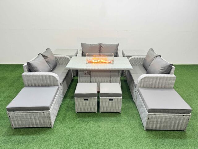 Fimous 10 Seater Outdoor Garden Furniture Set with Gas Firepit Table in Light Grey - image 1