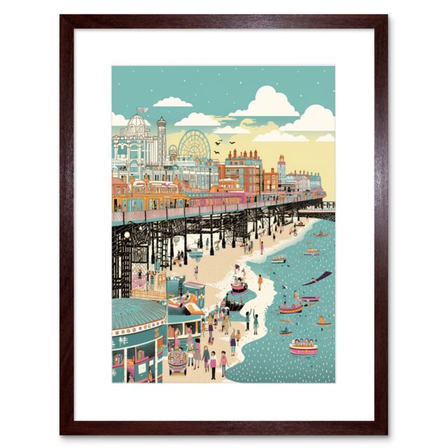 "Artery8 Wall Art Print Brighton Beach Pier & Sandy Summer Scene Artwork Framed 9X7 Inch in Brown - Size: W7"" x H9""" - image 1