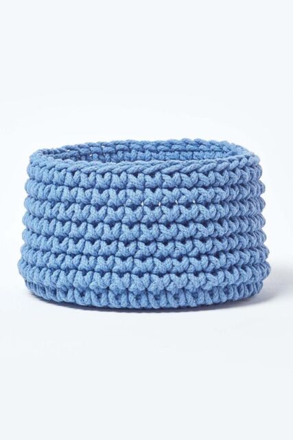 Homescapes Cotton Knitted Round Storage Basket, 37 x 21 cm in Blue - Size: Small - image 1