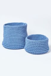 Homescapes Cotton Knitted Round Storage Basket, 37 x 21 cm in Blue - Size: Small - thumbnail 5