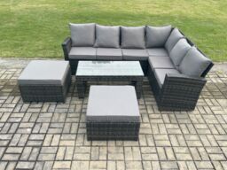 Fimous 8 Seater Wicker PE Outdoor Garden Furniture Set High Back Rattan Corner Sofa Set with 2 Big Footstool Rectangular Coffee Table in Dark Grey - thumbnail 2