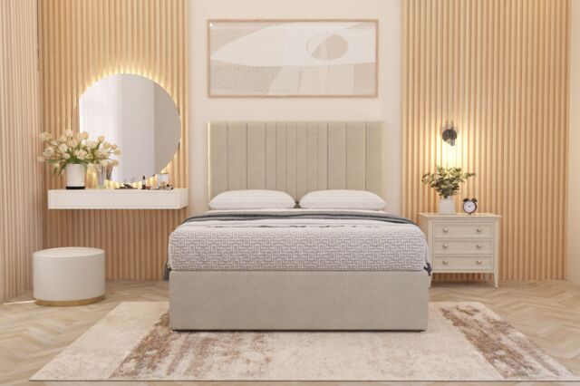Somnior Alexas Tweed Fabric Divan Bed Set with Midnight Pocket Sprung Mattress & Headboard in Natural - Size: Small Single - image 1