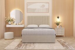 Somnior Alexas Tweed Fabric Divan Bed Set with Midnight Pocket Sprung Mattress & Headboard in Natural - Size: Small Single - thumbnail 1