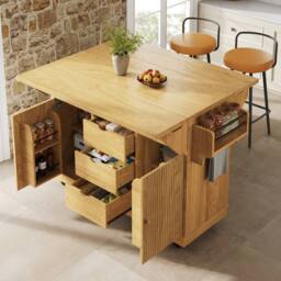 BTM Folding Kitchen Trolley Rolling Serving Cart Natural Brown - thumbnail 2