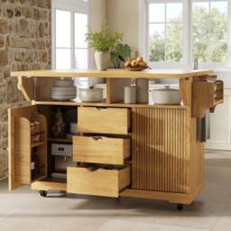 BTM Folding Kitchen Trolley Rolling Serving Cart Natural Brown - thumbnail 5