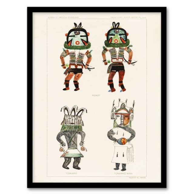 Artery8 Drawing from Hopi Natives Hopi Kachinas Vintage Framed Wall Art Print in White - Size: A4 - image 1