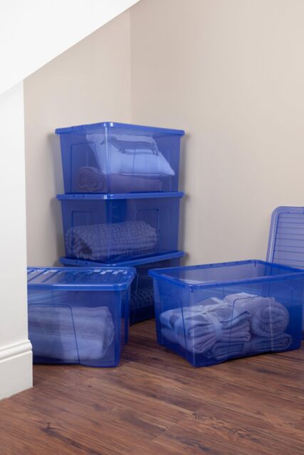 Wham Crystal 5 x 60L Stackable Plastic Storage Boxes with Lids in Blue - image 1