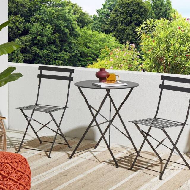 Wyld and Coco Black Metal 3 Piece Folding Bistro Set Slatted Steel Chairs - image 1