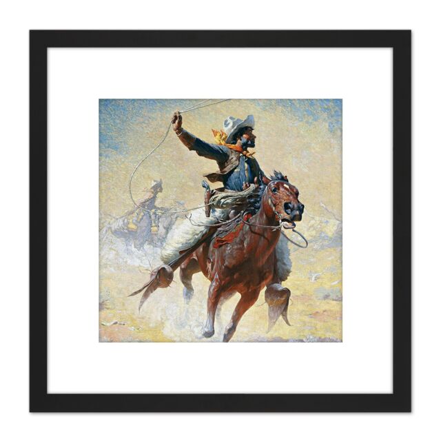 Artery8 Leigh The Roping Cowboy Lasso Horse Painting 8X8 Inch Square Wooden Framed Wall Art Print Picture with Mount in Black - image 1