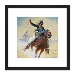 Artery8 Leigh The Roping Cowboy Lasso Horse Painting 8X8 Inch Square Wooden Framed Wall Art Print Picture with Mount in Black - thumbnail 1