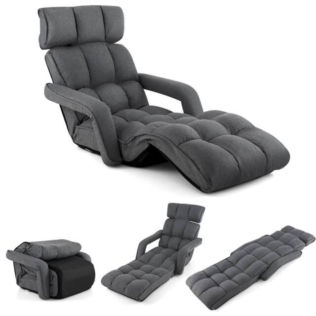 Costway Foldable Lazy Sofa Chaise Lounger w/6 Adjustable Positions Floor Chair in Grey - image 1