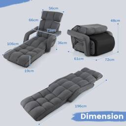 Costway Foldable Lazy Sofa Chaise Lounger w/6 Adjustable Positions Floor Chair in Grey - thumbnail 2