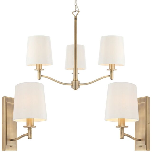 Loops 3 Bulb Ceiling Pendant Lamp & 2x Matching Wall Light Matt Antique Brass & Shade in Metallics - image 1