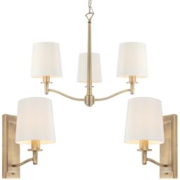 Loops 3 Bulb Ceiling Pendant Lamp & 2x Matching Wall Light Matt Antique Brass & Shade in Metallics