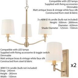 Loops 3 Bulb Ceiling Pendant Lamp & 2x Matching Wall Light Matt Antique Brass & Shade in Metallics - thumbnail 2