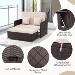 EONLION Patio Rattan Daybed Set Wicker Loveseat Sofa With Multipurpose Ottoman - thumbnail 4
