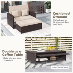 EONLION Patio Rattan Daybed Set Wicker Loveseat Sofa With Multipurpose Ottoman - thumbnail 5