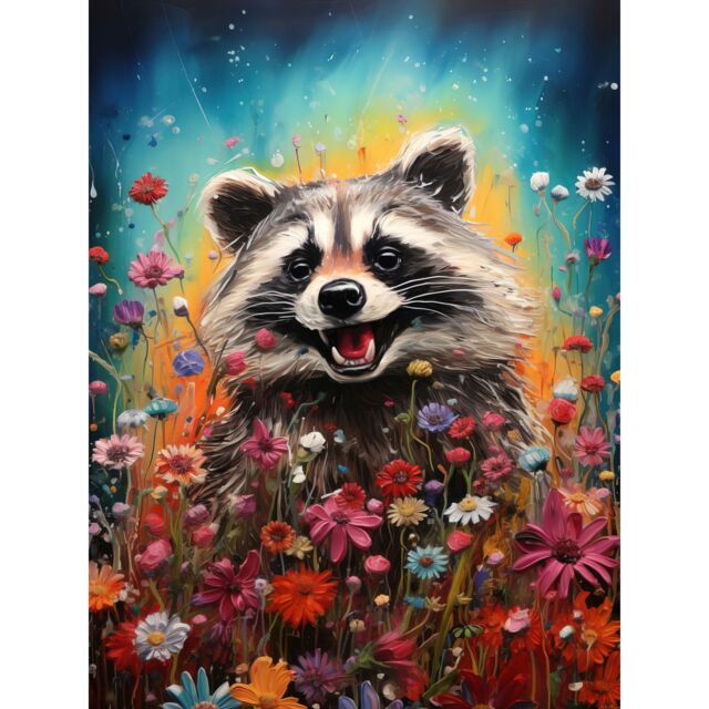 Artery8 Wall Art Print Gleeful Racoon Quirky Portrait Spring Makes Everything Better Oil Painting Kids Bedroom Blooming Wildflower Meadow Poster - image 1