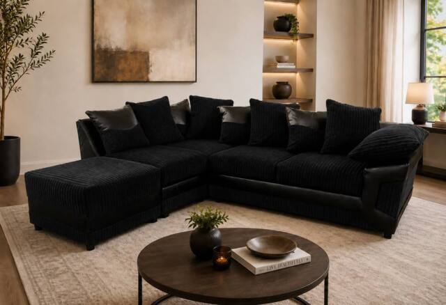 LUXURY LIFE Dino Left Hand Facing Fabric Cord Corner Sofa in Black - image 1