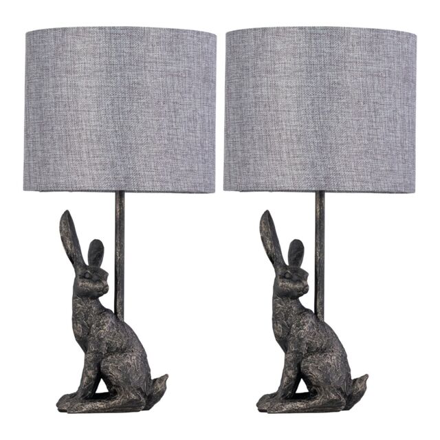 First Choice Lighting Set of 2 Henrietta - Antique Gold Rabbit Table Lamps Grey Linen Shade - image 1