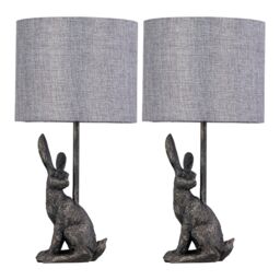First Choice Lighting Set of 2 Henrietta - Antique Gold Rabbit Table Lamps Grey Linen Shade