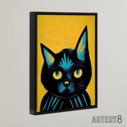 "Artery8 Quirky Black Cat Framed Canvas Wall Art Print in Yellow - Size: W12"" x H16""" - thumbnail 2