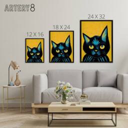 "Artery8 Quirky Black Cat Framed Canvas Wall Art Print in Yellow - Size: W12"" x H16""" - thumbnail 4