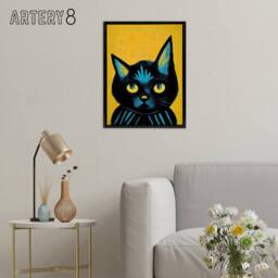 "Artery8 Quirky Black Cat Framed Canvas Wall Art Print in Yellow - Size: W12"" x H16""" - thumbnail 3
