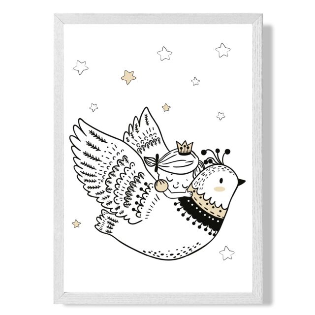 ARTZE Scandi Princess Little & Flying Bird Framed Print SIZE: A4 with White Frame in Black - image 1