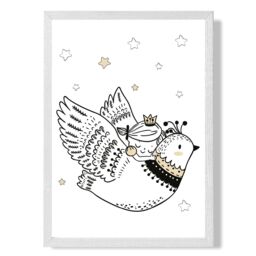 ARTZE Scandi Princess Little & Flying Bird Framed Print SIZE: A4 with White Frame in Black - thumbnail 1