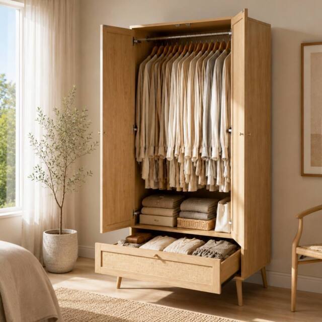 Merax Natural Oak 2 Door Rattan Effect Double Wardrobe with Rattan Drawer - image 1