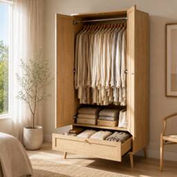 Merax Natural Oak 2 Door Rattan Effect Double Wardrobe with Rattan Drawer